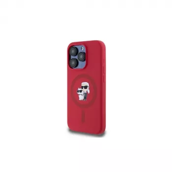Karl Lagerfeld KLHMP15LSCMKCRHR iPhone 15 Pro 6.1 rode silicone hoes met Karl & Choupette hoofden ring MagSafe