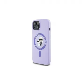 Karl Lagerfeld KLHMP15SSCMKCRHU iPhone 15 6,1 inch paarse silicone hardcase hoes met Karl & Choupette hoofden ring en MagSafe