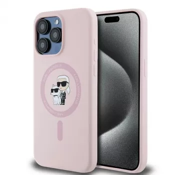 Karl Lagerfeld KLHMP15XSCMKCRHP iPhone 15 Pro Max 6,7 inch roze siliconen hardcase met Karl & Choupette ring en MagSafe