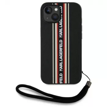 KARL LAGERFELD Saffiano Athleisure Stripes Cord case voor iPhone 15, zwart-rood