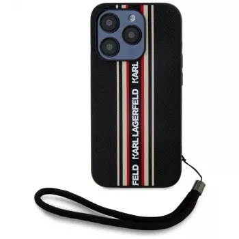 KARL LAGERFELD Saffiano Athleisure Stripes Cord case voor iPhone 15 Pro, zwart/rood