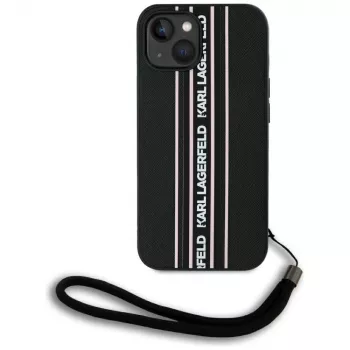Karl Lagerfeld Saffiano Athleisure Stripes Cord case voor iPhone 15, zwart-roze
