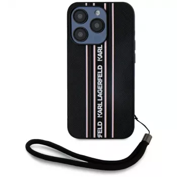 KARL LAGERFELD Saffiano Athleisure Stripes Cord case voor iPhone 15 Pro, zwart/roze