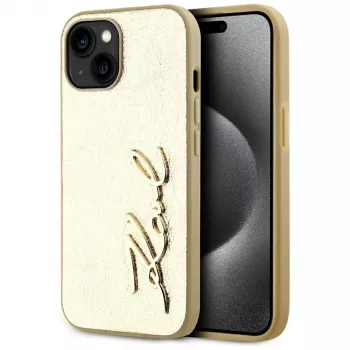 KARL LAGERFELD Wrinkled Metal Signature telefoonhoes voor iPhone 15, goud