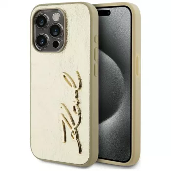 KARL LAGERFELD Wrinkled Metal Signature case voor iPhone 15 Pro - goud
