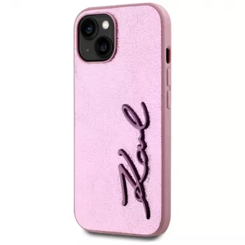 KARL LAGERFELD Wrinkled Metal Signature back cover voor Apple iPhone 15, roze