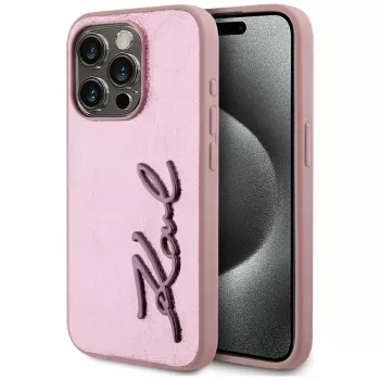 Karl Lagerfeld Wrinkled Metal Signature case voor iPhone 15 Pro, roze