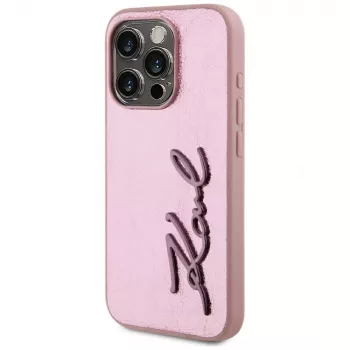 Karl Lagerfeld Wrinkled Metal Signature case voor iPhone 15 Pro, roze