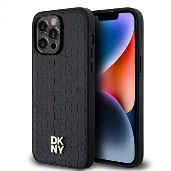DKNY DKHMP13LPSHRPSK hardcase voor iPhone 13 Pro / 13, zwart kunstleer met metaallogo, MagSafe