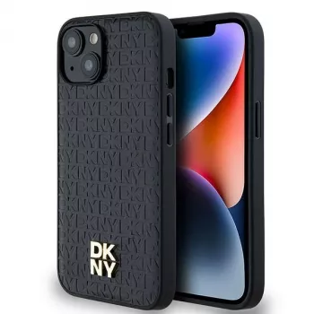 DKNY DKHMP14SPSHRPSK hardcase leer monogrampatroon metaallogo MagSafe voor iPhone 13/14/15, zwart