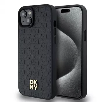 DKNY DKHMP15MPSHRPSK iPhone 15 Plus / 14 Plus 6,7 inch zwart hardcase leer monogrampatroon metaallogo MagSafe