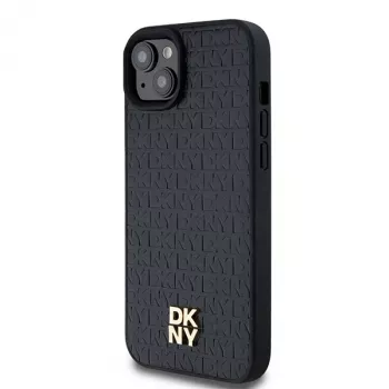 DKNY DKHMP15MPSHRPSK iPhone 15 Plus / 14 Plus 6,7 inch zwart hardcase leer monogrampatroon metaallogo MagSafe