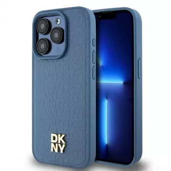 DKNY DKHMP15LPSHRPSB iPhone 15 Pro 6.1 blauwe hardcase leer monogrampatroon metaallogo MagSafe
