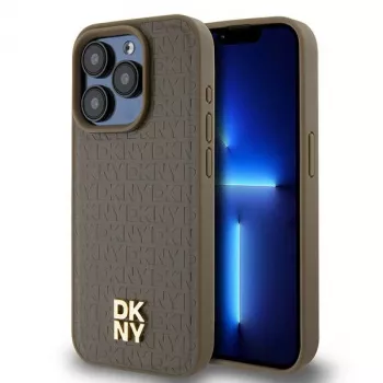 DKNY DKHMP14XPSHRPSW Hard Case voor iPhone 14 Pro Max 6,7 inch bruin lederlook met metaallogo MagSafe