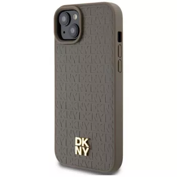 DKNY DKHMP15SPSHRPSW iPhone 15 / 14 / 13 6,1 inch hardcase bruin lederlook metaallogo MagSafe