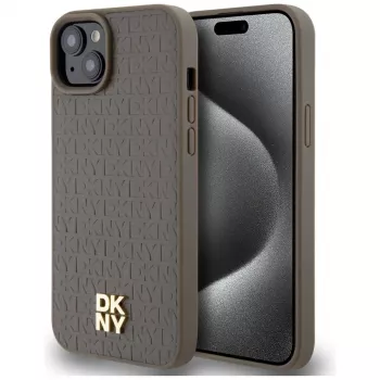 DKNY DKHMP15MPSHRPSW hardcase met lederlook en metaallogo, MagSafe voor iPhone 15 Plus / 14 Plus 6,7 inch bruin