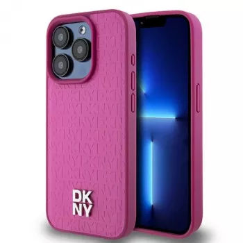 DKNY DKHMP15LPSHRPSP iPhone 15 Pro 6,1 inch roze lederen hardcase met monogrampatroon en metaallogo, MagSafe-compatibel