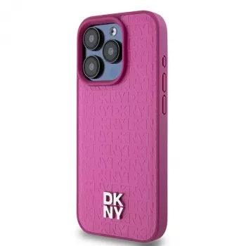 DKNY DKHMP15LPSHRPSP iPhone 15 Pro 6,1 inch roze lederen hardcase met monogrampatroon en metaallogo, MagSafe-compatibel
