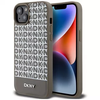 DKNY DKHMP15SPSOSPW iPhone 15 / 14 / 13 6,1 inch bruin hardcase leder bedrukt patroon metaallogo MagSafe