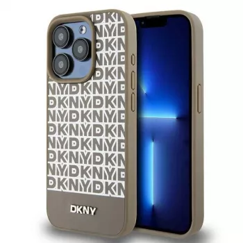 DKNY DKHMP15LPSOSPW iPhone 15 Pro 6,1 inch hardcase leder bedrukt patroon bruin met metaallogo MagSafe