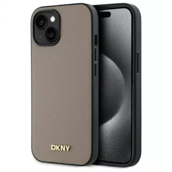 DKNY DKHMP15SPGHLME hardcase voor Apple iPhone 15 6,1 inch beige grained metaallogo MagSafe