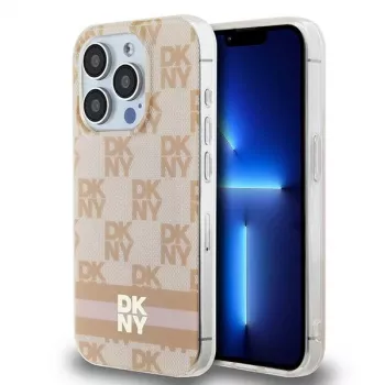 DKNY DKHMP15LHCPTSP hardcase voor iPhone 15 Pro 6,1 inch roze geruit mono patroon & bedrukte strepen MagSafe