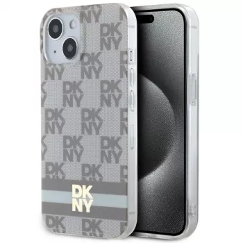 DKNY DKHMP14SHCPTSE hardcase voor iPhone 14/15/13 6,1 inch beige geruit mono patroon & bedrukte strepen MagSafe
