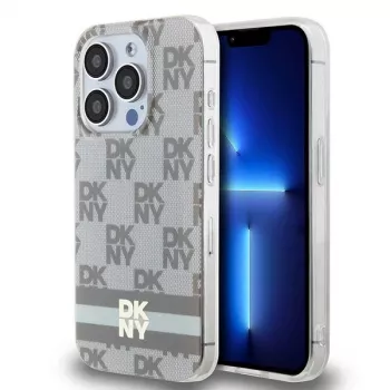 DKNY DKHMP14LHCPTSE hardcase voor Apple iPhone 14 Pro 6,1 inch beige geruit mono patroon & bedrukte strepen MagSafe