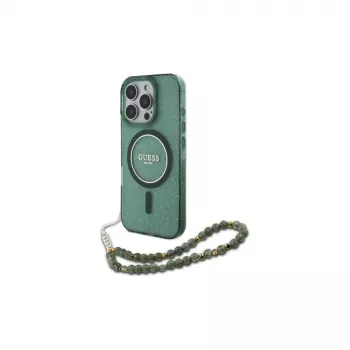 Guess IML Glitter With Pearl Strap MagSafe Case voor iPhone 16 Pro Max (Groen)