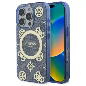 Guess GUHMP16XH4PYEEB iPhone 16 Pro Max 6,9 inch blauwe hardcase IML Peony On 4G Background MagSafe