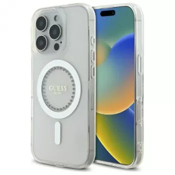 Guess GUHMP16LPFTDTEH hardcase voor Apple iPhone 16 Pro 6,3 inch wit IML strasssteentjes MagSafe