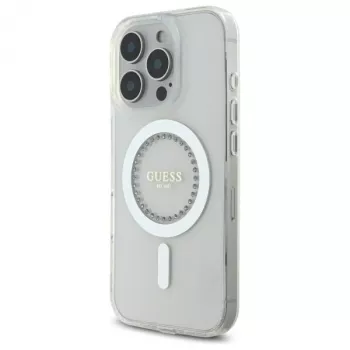 Guess GUHMP16LPFTDTEH hardcase voor Apple iPhone 16 Pro 6,3 inch wit IML strasssteentjes MagSafe