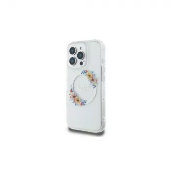 Guess GUHMP16LHFWFCT hardcase voor iPhone 16 Pro 6,3 inch transparant IML Flowers Wreath MagSafe