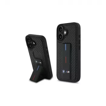 BMW BMHCP16SGSPCCK M Grip Stand Smooth and Carbon hardcase voor iPhone 16 6.1 – zwart
