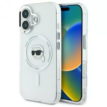 Karl Lagerfeld KLHMP16SHLSKIH hardcase IML Metal Karl Head MagSafe voor Apple iPhone 16 6,1 inch, wit