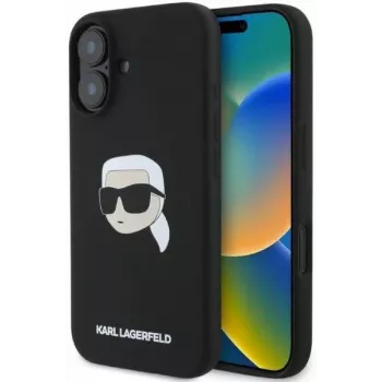 Karl Lagerfeld KLHMP16SSKHPPLK iPhone 16 6,1 zwarte siliconen hardcase met Karl Head print en MagSafe