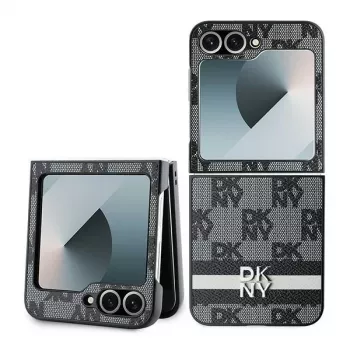 DKNY DKHCZF6PCPTSSK Protective Hard Case voor Samsung Galaxy Z Flip6 F741 / Z Flip7 FE, zwart ruitpatroon met bedrukte strepen