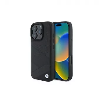 BMW Sign Leather Crossing Lines Pattern Hard Case voor Apple iPhone 16 Pro 6,3 inch zwart