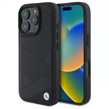 BMW BMHCP16X23RCGPK iPhone 16 Pro Max 6,9 inch zwarte hardcase Sign Leather Crossing Lines Pattern