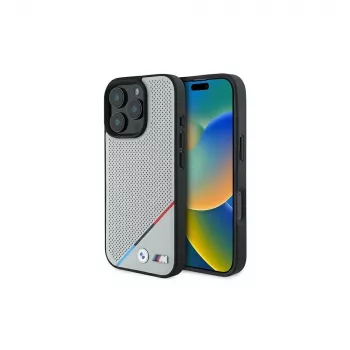 BMW M Perforated Tricolor Line Hardcase voor Apple iPhone 16 Pro 6,3 inch grijs MagSafe