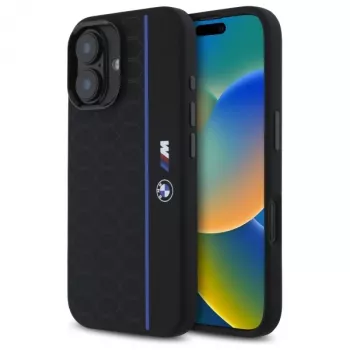 BMW BMHMP16S23SHEB iPhone 16 6,1 inch zwarte siliconen hardcase Hexagon Blue Line MagSafe