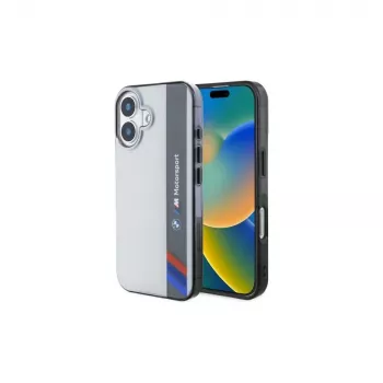 BMW BMHCP16S23HTFEG iPhone 16 6,1 inch grijs hardcase Motorsport IML Vertical Stripe