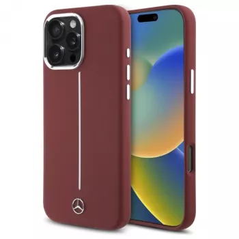 Mercedes-Benz Siliconen hoes voor iPhone 16 Pro Max 6,9 inch Rood met witte streep MagSafe