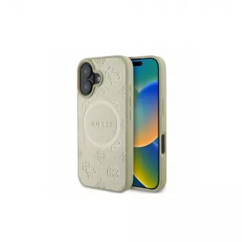 Guess Saffiano Peony Classic Logo MagSafe case voor iPhone 16 (goud)