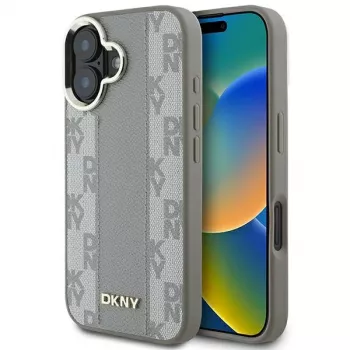 DKNY DKHMP16SPCPVSLE hard case voor Apple iPhone 16, beige ruitpatroon met MagSafe