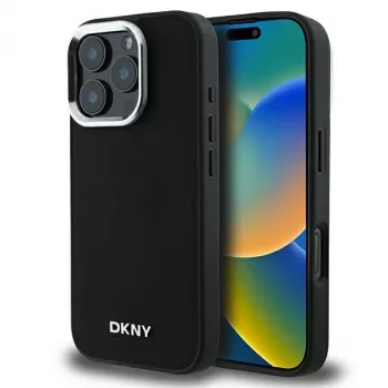 DKNY DKHMP16LPSCMCLK hard case voor iPhone 16 Pro 6,3 inch zwart eenvoudig zilveren logo MagSafe