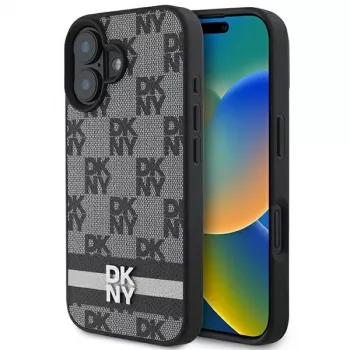 DKNY DKHCP16SPCPTSSK hard case voor Apple iPhone 16 6,1 inch ruitpatroon & bedrukte strepen zwart