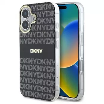 DKNY DKHMP16SHRHSEK hard case voor Apple iPhone 16 6,1 inch - zwart met herhalend textuurpatroon en strepen