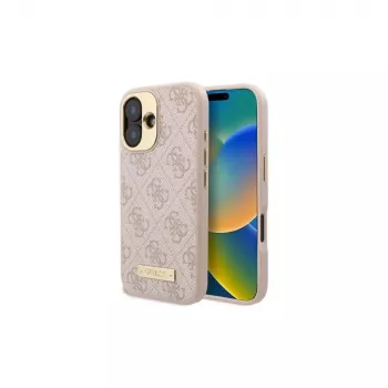 Guess GUHMP16SU4GPRP iPhone 16 6,1 inch roze hardcase met 4G-logo-plaat en MagSafe