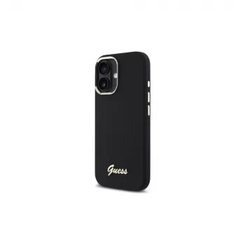 Guess GUHCP16SSMBSLK iPhone 16 6,1 inch zwarte silicone hoes met metalen scriptlogo en frame